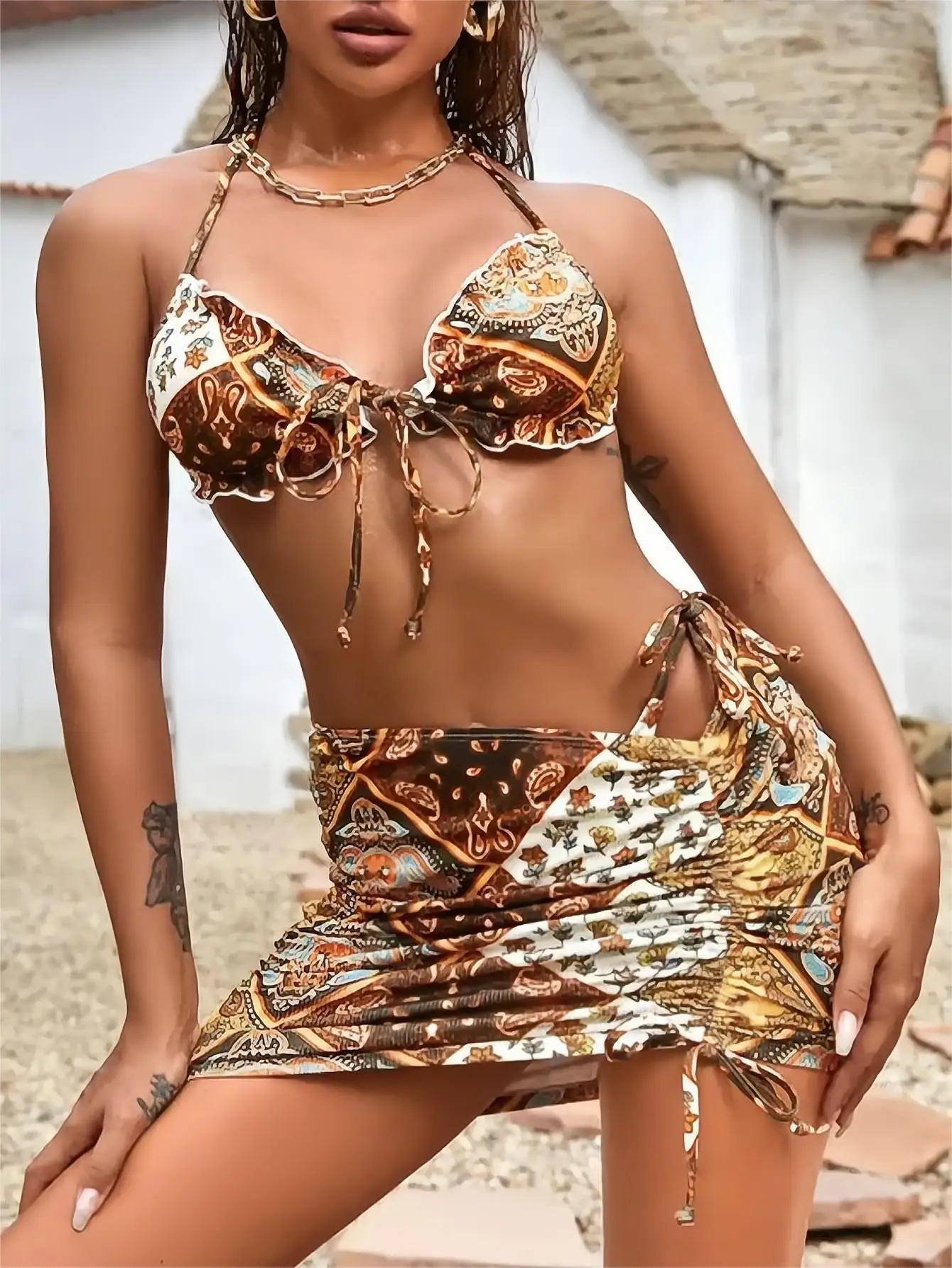 

LAWEHXF бикини из трех частей с лямкой на шее 2022 женский купальник Летний винтажный купальник пляжная юбка купальный костюм