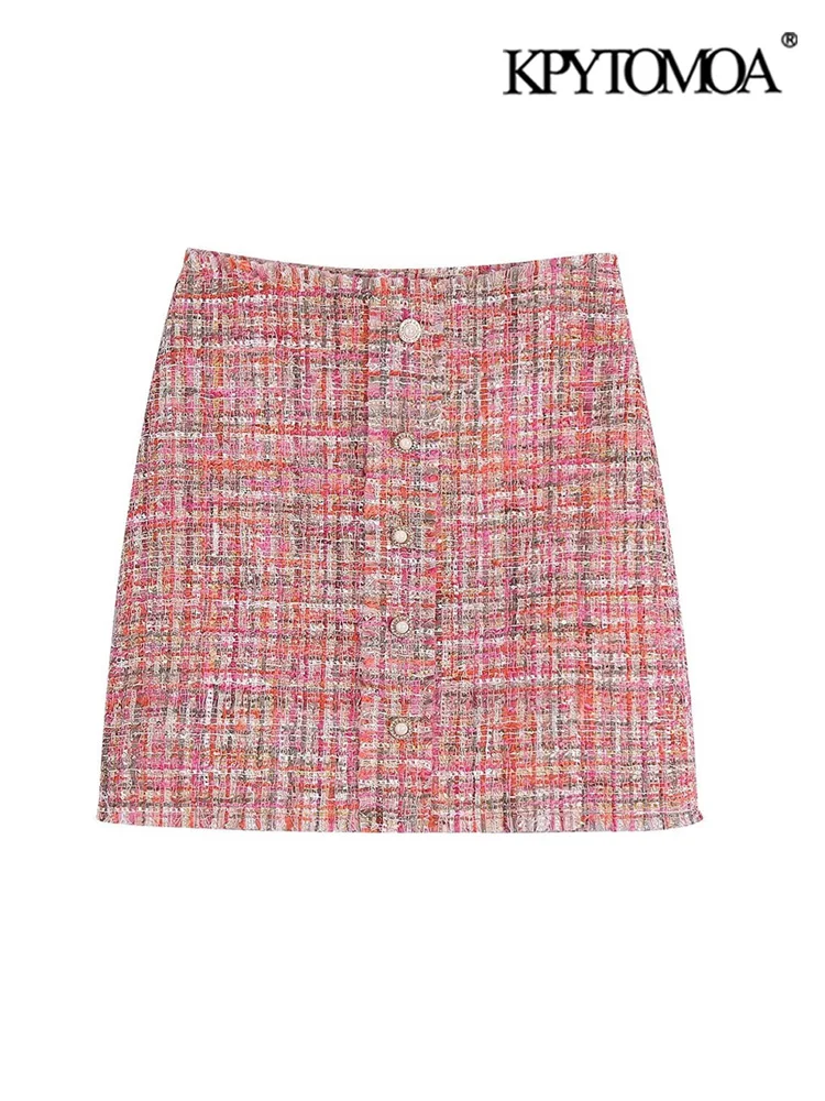 

Модная женская твидовая мини-юбка KPYTOMOA на пуговицах спереди, винтажные женские юбки с высокой талией и боковой молнией