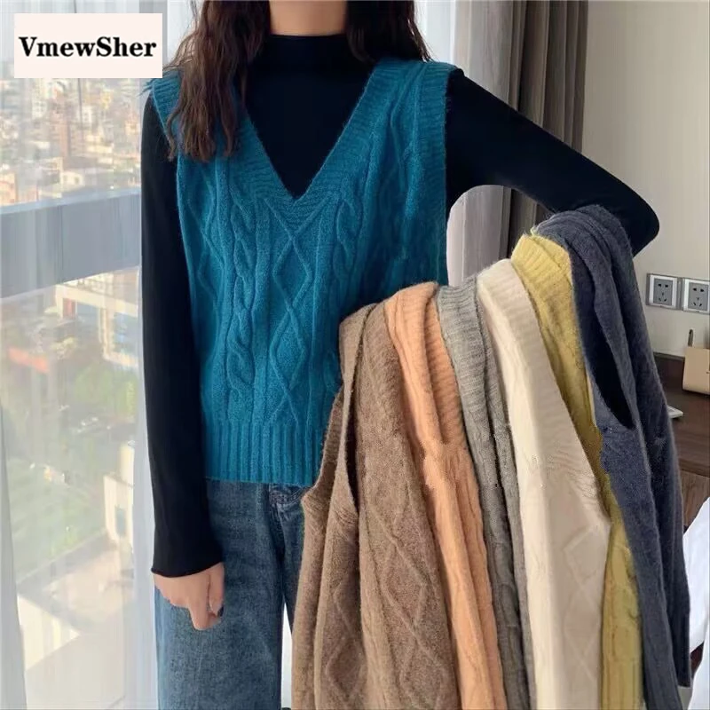 

VmewSher New Basic Plain Korean Vintage Sweater V-neck Knit Pullover Vest Casual Tank All-match Short Jumper Tops Spring Autumn