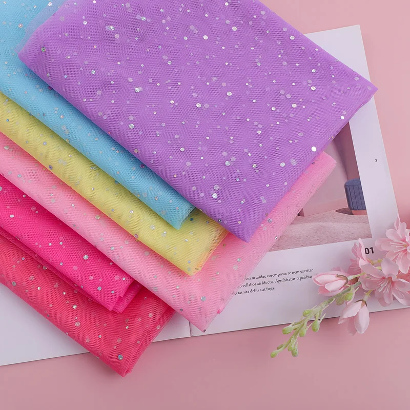 

150cm X100cm Sequin Mesh Lace Soft Sand Tulle Fabric for Wedding Princess Dress Sewing Silver Dot Yarn Multicolor DIY Decoration