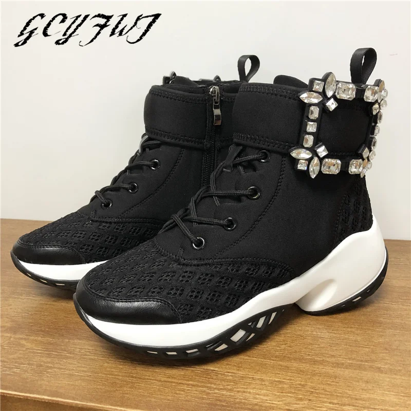 

2022 Women Fashion Chunky Sneakers Rhinestone Platform Shoes Spring Sexy Female Black White Sneakers Wedges Shoes Women High Top