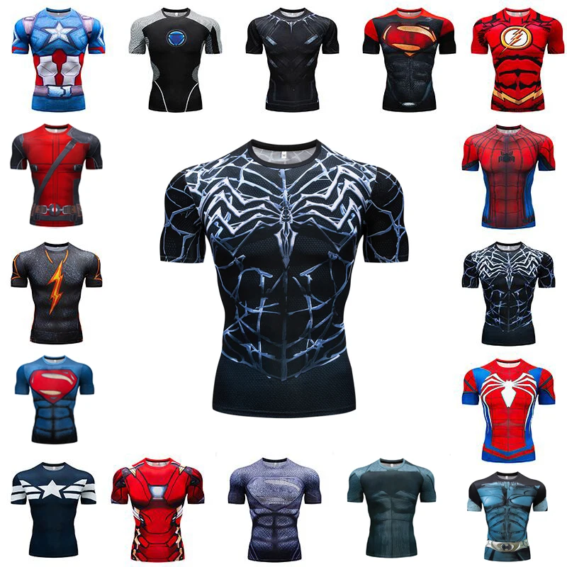 

Мужская компрессионная футболка с мультипликационным принтом, черная футболка с супер принтом, повседневная спортивная облегающая футбол...