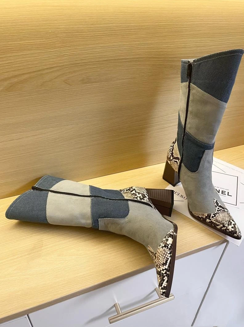 New Pointed Toe Cowboy Boots Women's Thick Heel Slanted Boots All-Match Stitching Color Knight Boots