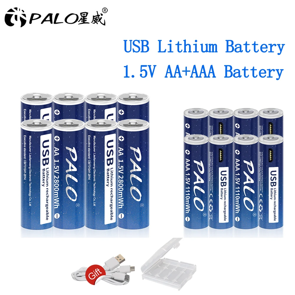 

AA + AAA USB Rechargeable Batteries 1.5V 2800mWh AA Li-ion Battery 1.5V 1110mWh AAA lithium ion battery USB fast charging