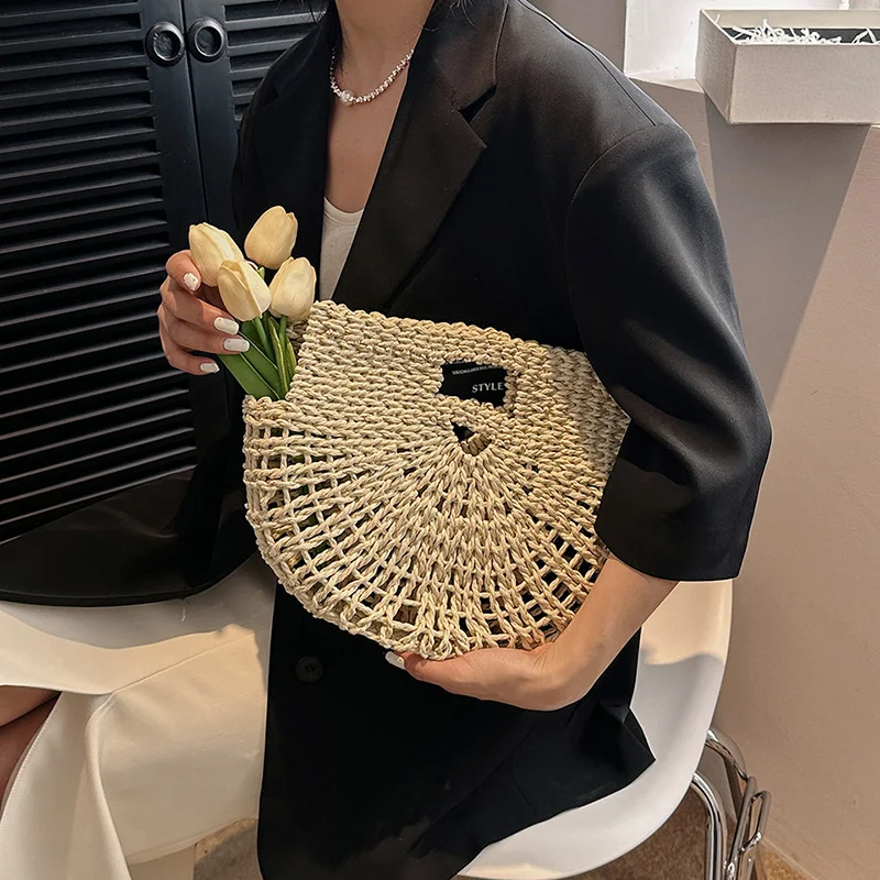 

New Hollow Out Women Half Moon Hand Bag Paper Rope Straw Woven Hobo Tote Bag for Daily Life Korean Style Beach Travel Handbags