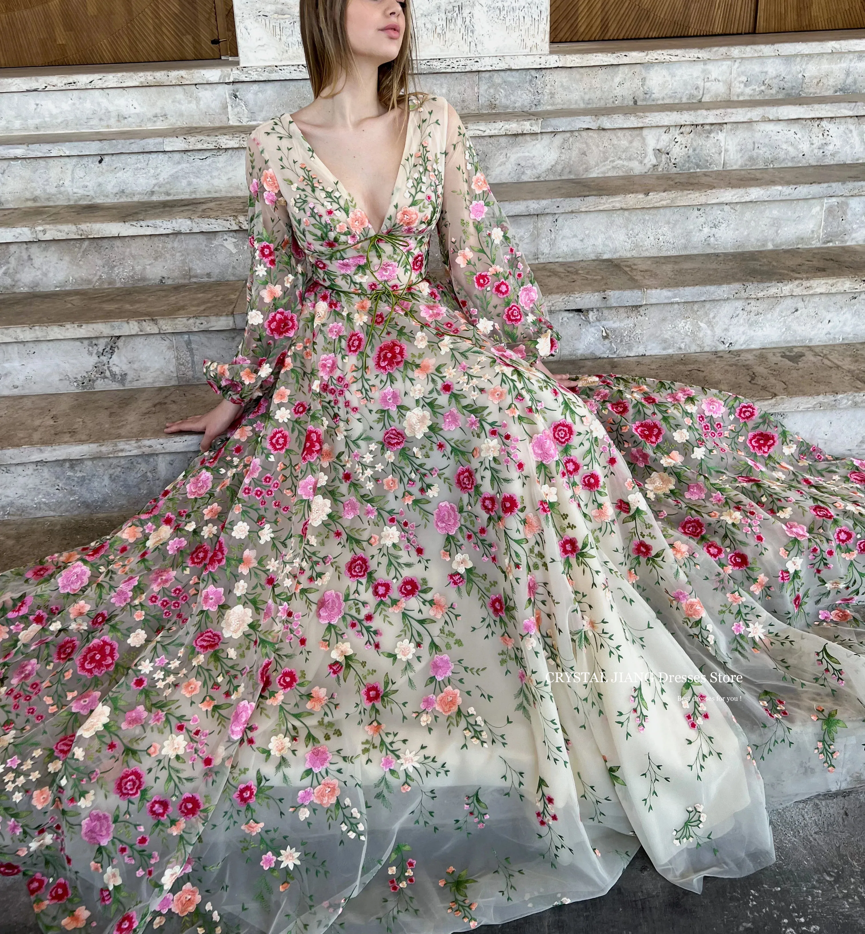 

2023 New Arrival V Neck A Line Party Gowns Custom Made Printed Flowers Ankle Length Ball Gown Prom Dresses for Women Party