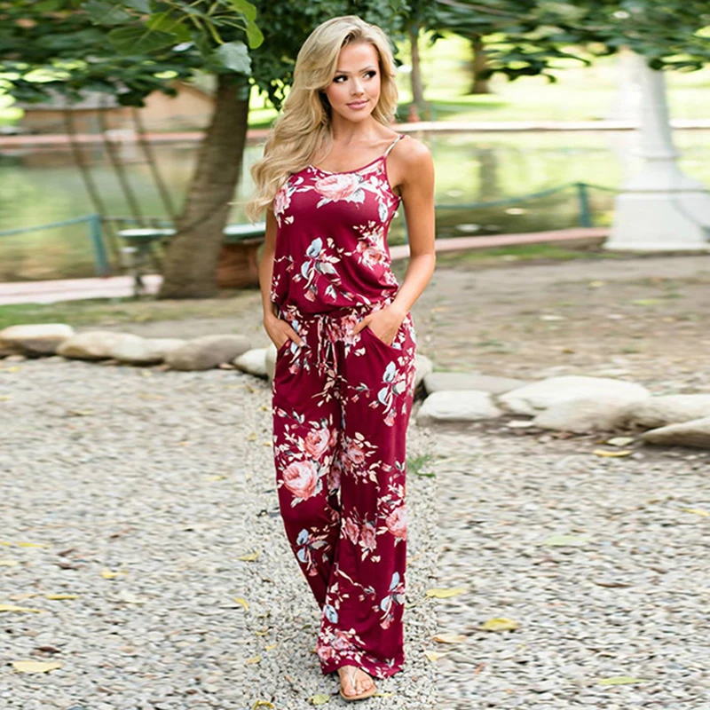 2022 Chic Women's Super-Smashed Flower Suit Jumpsuit Fashion Trend Sling Print Loose Trousers