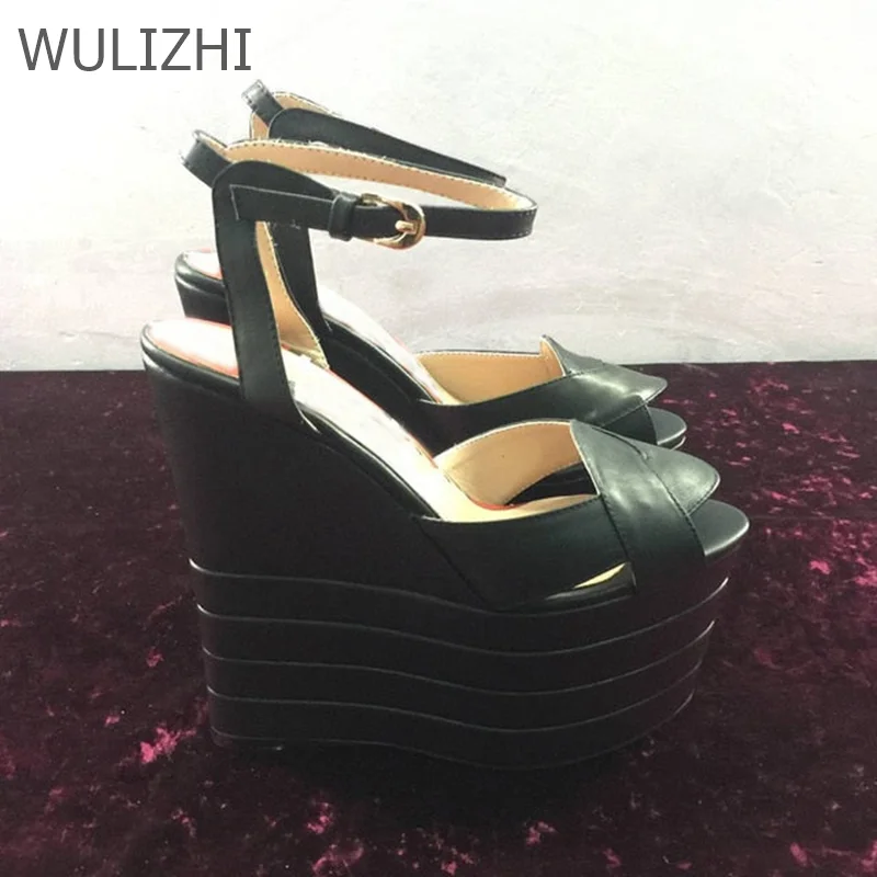 Women Red White Stripe Heightened Platform Sandals Leather High Wedge Open Fashion Heels Mixed Colors Peep Toe Modern New Shoes
