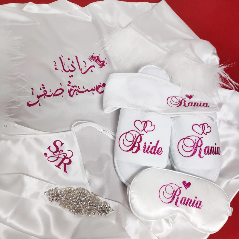 Personalized Name Date Feather Bathrobe Nightgown Set Bride Wedding Robes Bridal Party Bachelorette Preparewear