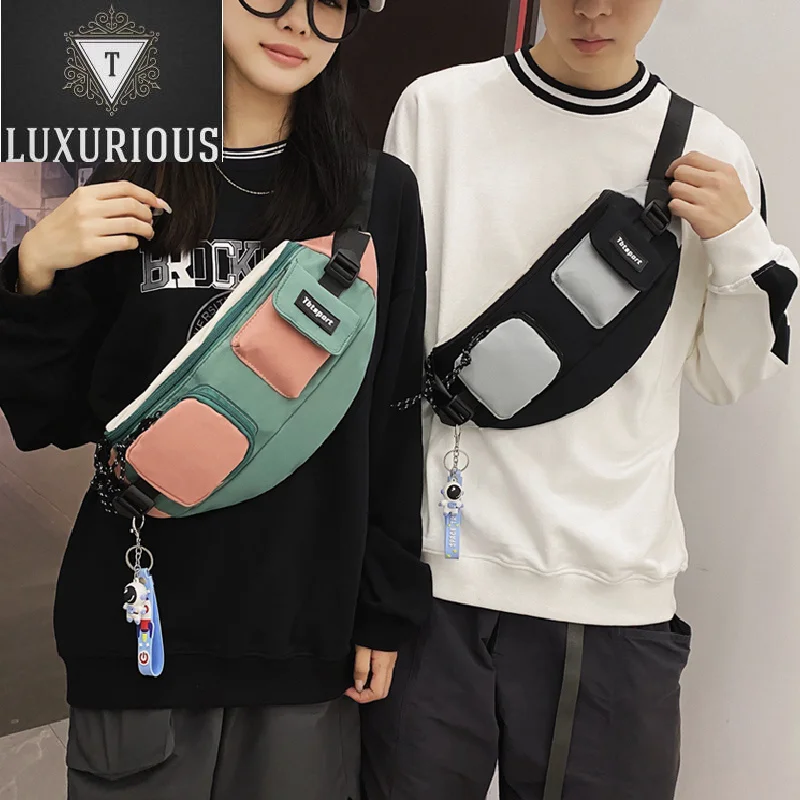 

Casual Travel Couples Crossbody Bags With Pendant High Quality Nylon Unisex Multiple Pockets Chest Packs 2024 New Shoulder Bag