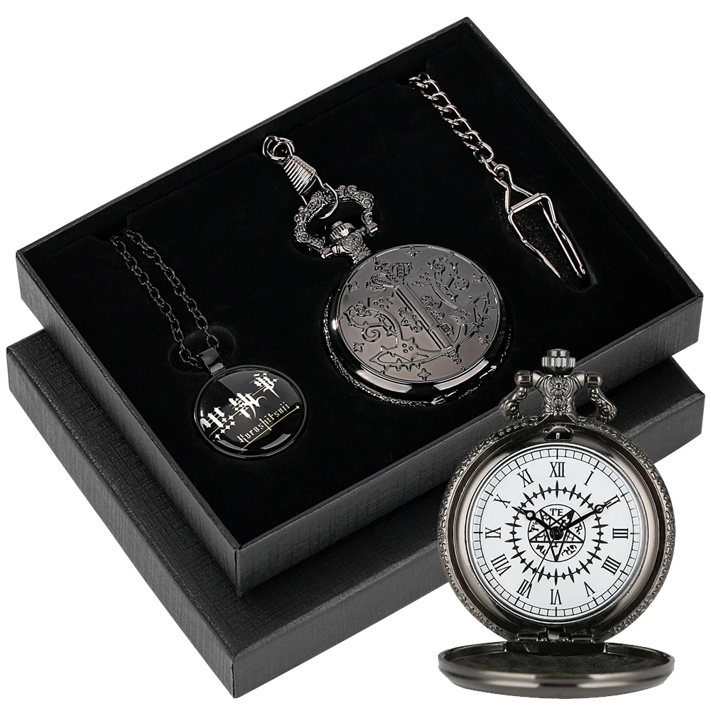 Anime Fashion Black Butler Quartz Pocket Watch Sets Antique Fob Chain Pendant Pocket Clock Set Gifts for Anime Boy Girl