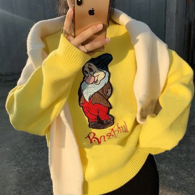 

Винтажный уличный свитер с мультяшной вышивкой, джемпер, Женская милая Одежда для девочек, Теплый Зимний пуловер оверсайз в Корейском стиле...
