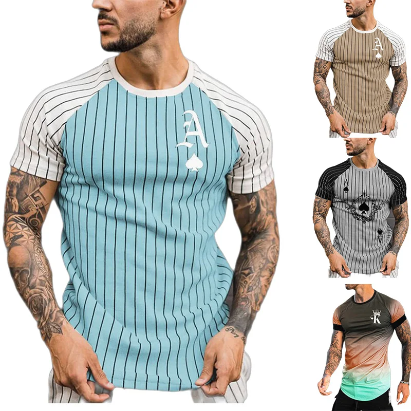 

Men's Summer T Shirts Oversized Fashion Street Style Stripe Printed O Neck Short Sleeve Tee Male Poker A Sportwear T shirts Top