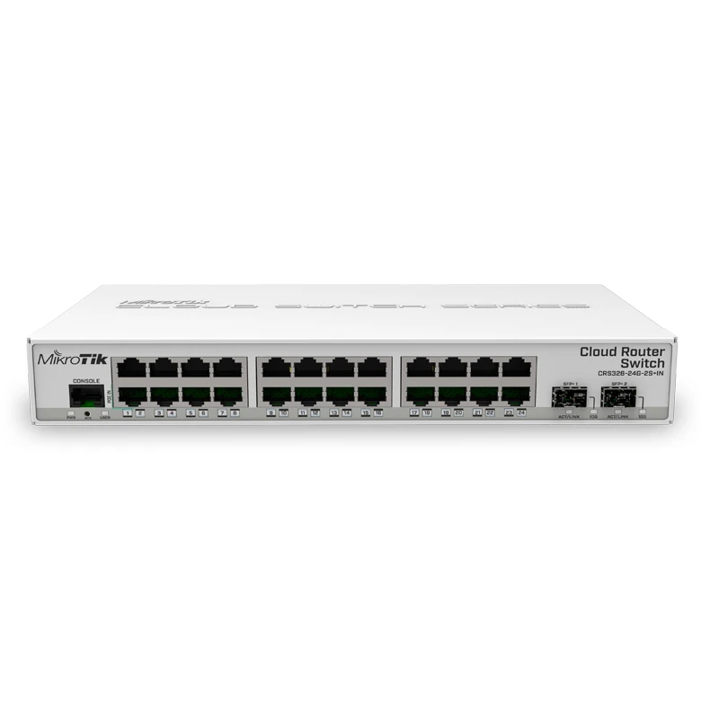 

Mikrotik Switch CRS326-24G-2S+IN 24 Gigabit ports, 2x10G SFP+ cages, desktop case, server room power for your home