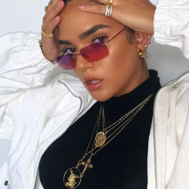 

Luxury Brand Rimless Small Frame Sunglasses for Women Metal Frame Rimless Ocean Colour Sunglasses Sophisticated Lady Sunglasses