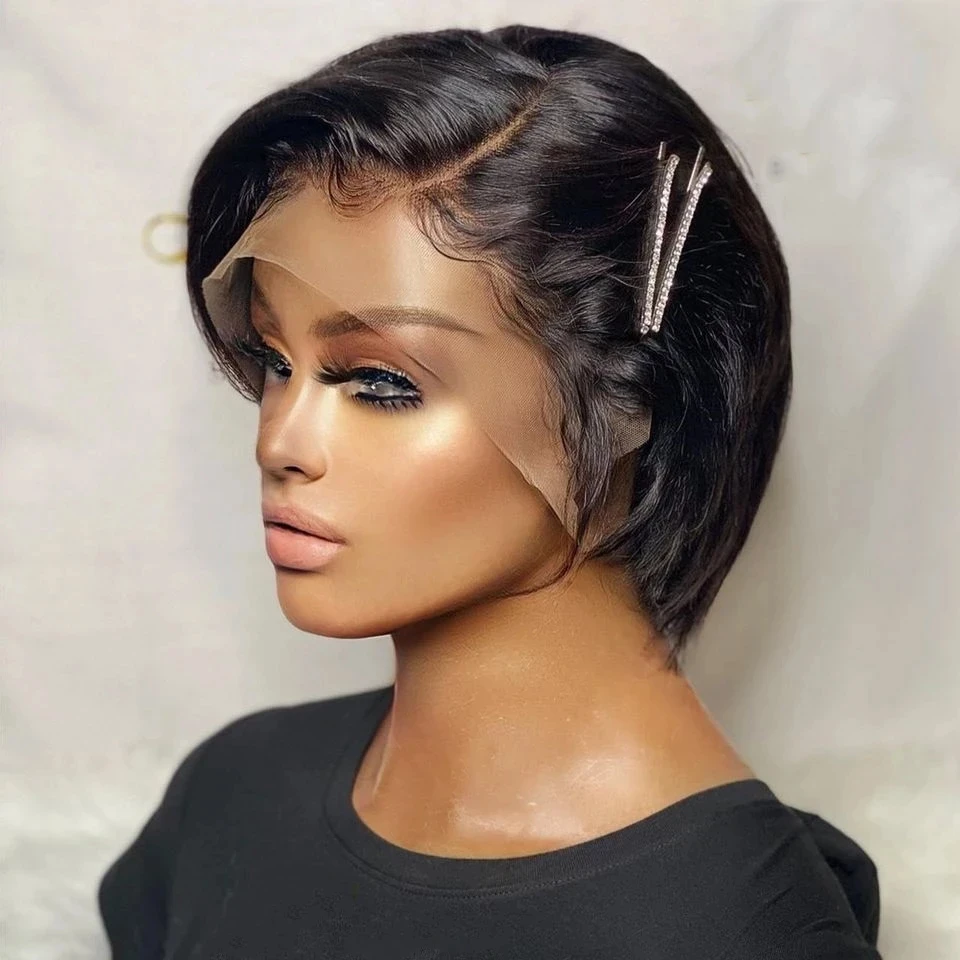[Meya] Straight Pixie Cut Wig T Part Lace Front Human Hair Wig Preplucked For Black Women Transparent Lace Short Bob Wig