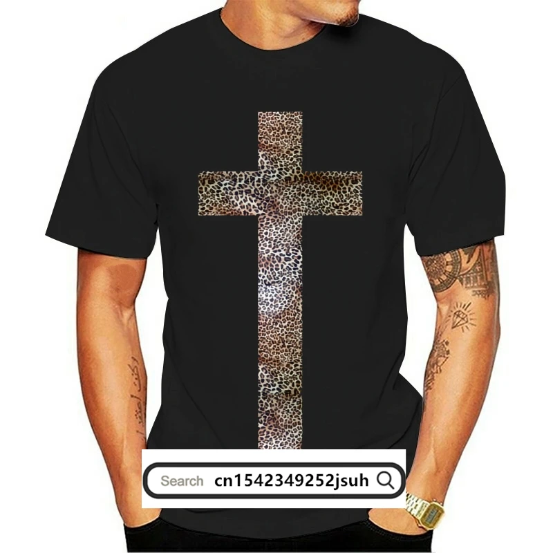

Cruz impresso preto t camisa dos homens leopardo impresso hipster t religião swag topo