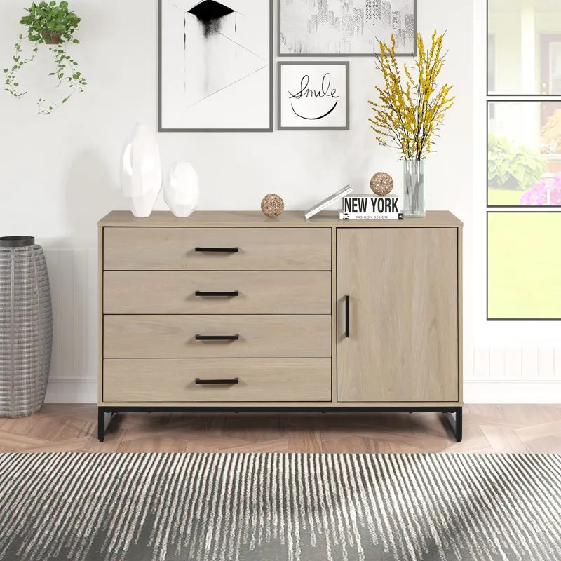 

Industrial 4 Drawer Dresser W/ Door Cabinet, Beige Oak