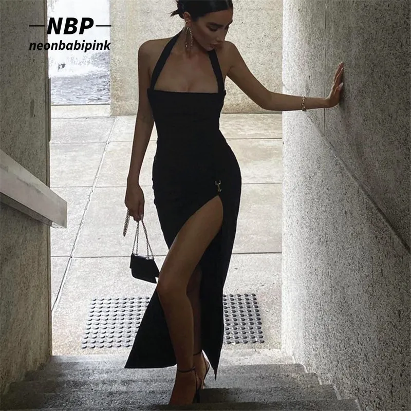 

NEONBABIPINK Halter Backless High Slit Long Dresses for Women Party Night Club Outfits Fashion 2022 Black Bodycon Dress N33-CG23