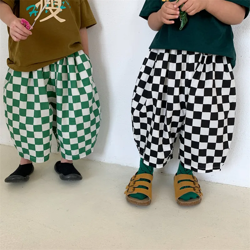 

Kids summer Unisex loose plaid wide leg pants Boys Girls cotton thin casual trousers