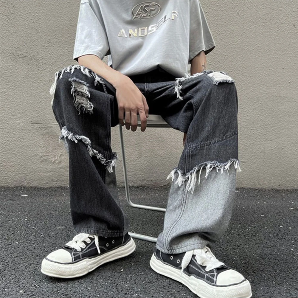 Men Hip Hop Streetwear Unisex Jeans Male Korean Style Street Loose Patchwork Harajuku Denim Color Contrast Street Sketeboard