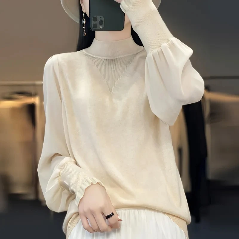 

Half High Neck Knit Pullovers Women's Thin 2023 Spring Autumn New Hollow Mesh Bubble Sleeve Spliced Yarn Sleeve Jersey Top BC424