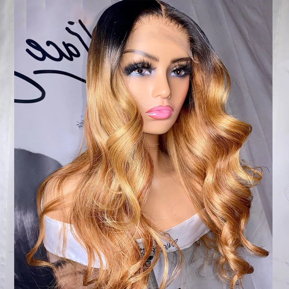Soft Long Glueless Body Wave Ombre Honey Blonde 1B27 180% Density 13x4Lace Front Wig For Black Women Babyhair Preplucked Daily