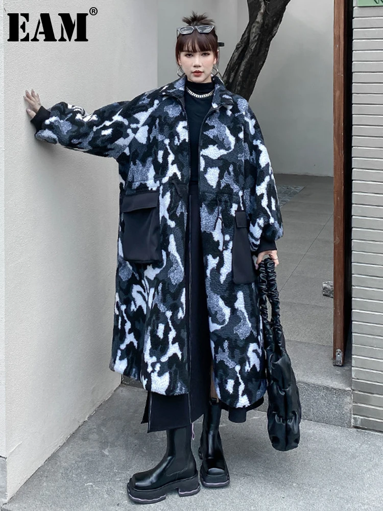 

[EAM] Camouflage Gray Lambswool Big Size Long Jacket New Lapel Long Sleeve Women Coat Fashion Tide Autumn Winter 2022 1DF2390