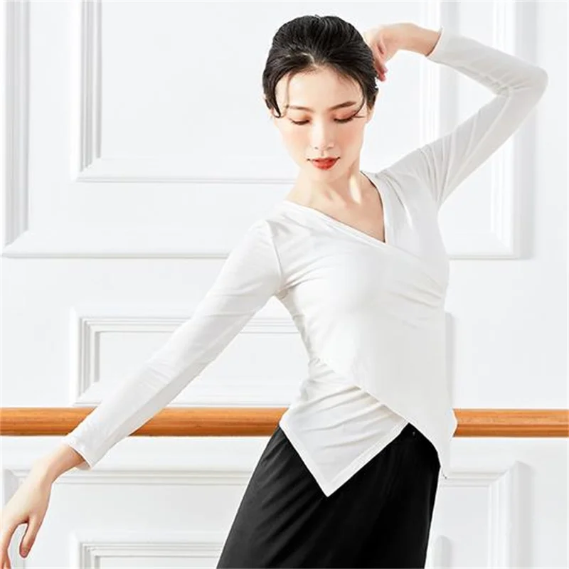 

Elastic Women Ballet Base Shirts Fashion Spring Adult Women Modal Qualitly Cross-collared Sports Top