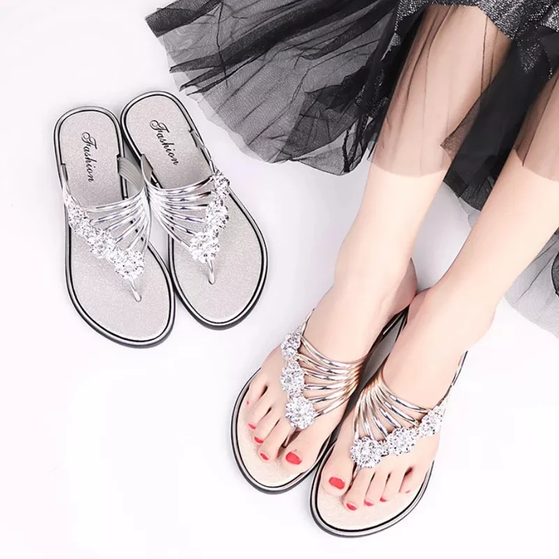 

Hot Sale New Luxury Women's Fashionable Summer Open Toe Sandals Ladies Rubber Rhinestones Comfortable Cute Sandal Sense Slippers