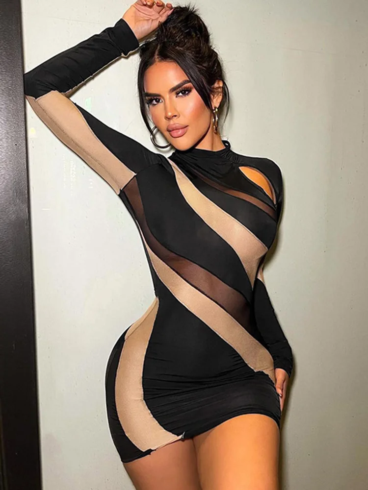 

TEMUSCOLA Mesh Sheer Hollow Out Bodycon Dress Women Round Collar Full Sleeve Patchwork Ruched Mini Dresses Sexy Party Night Club