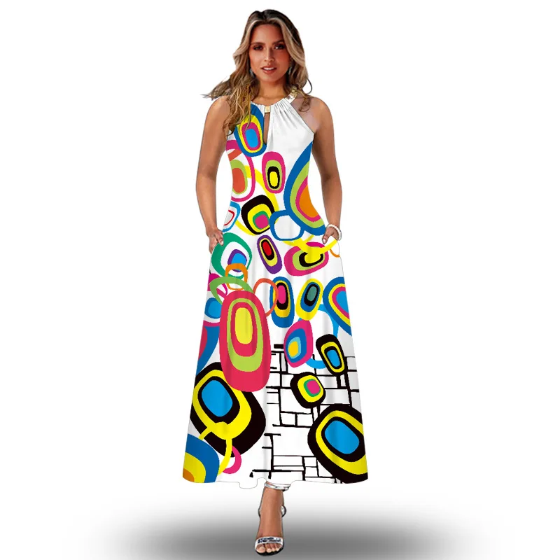 

Woman Vintage White Dress Summer Casual Beach Holiday Party Robe Vestidos Elegant Circle Print Sleeveless Halter Maxi Dresses
