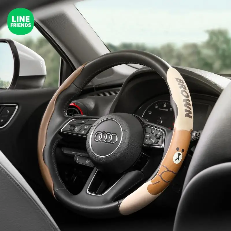 

Line Friends Kawaii Automobile Steering Wheel Cover Four Seasons General Ultra Thin Cute Leather Card Handle Cover Anti Slip