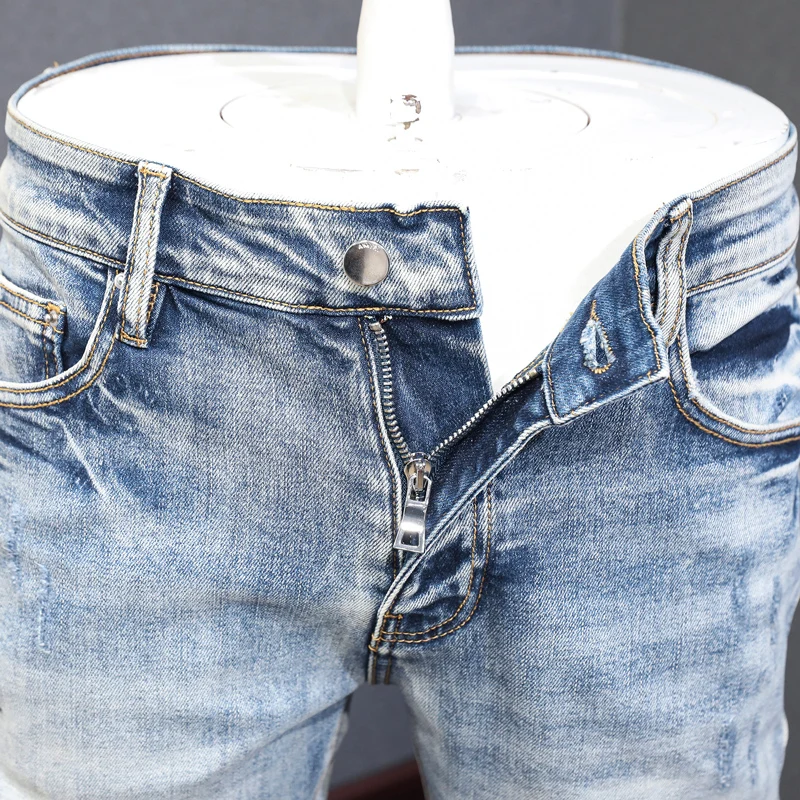 High Street Fashion Men Jeans Retro Light Gray Blue Elastic Skinny Ripped Jeans Men Patched Designer Hip Hop Brand Pants Hombre