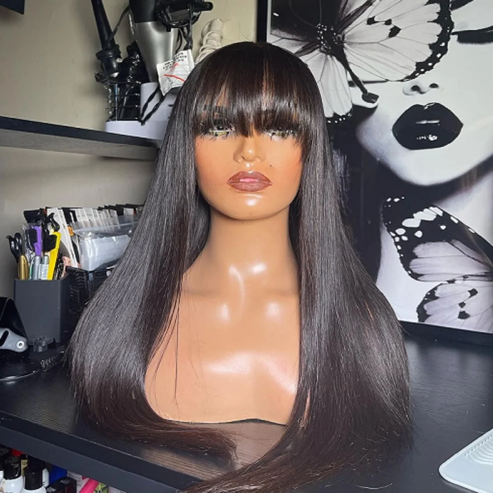 

26 inch Long Silky Straight Wig With Bangs Synthetic Machine Wig Natural Black Hair Wig For Women Heat Resistant