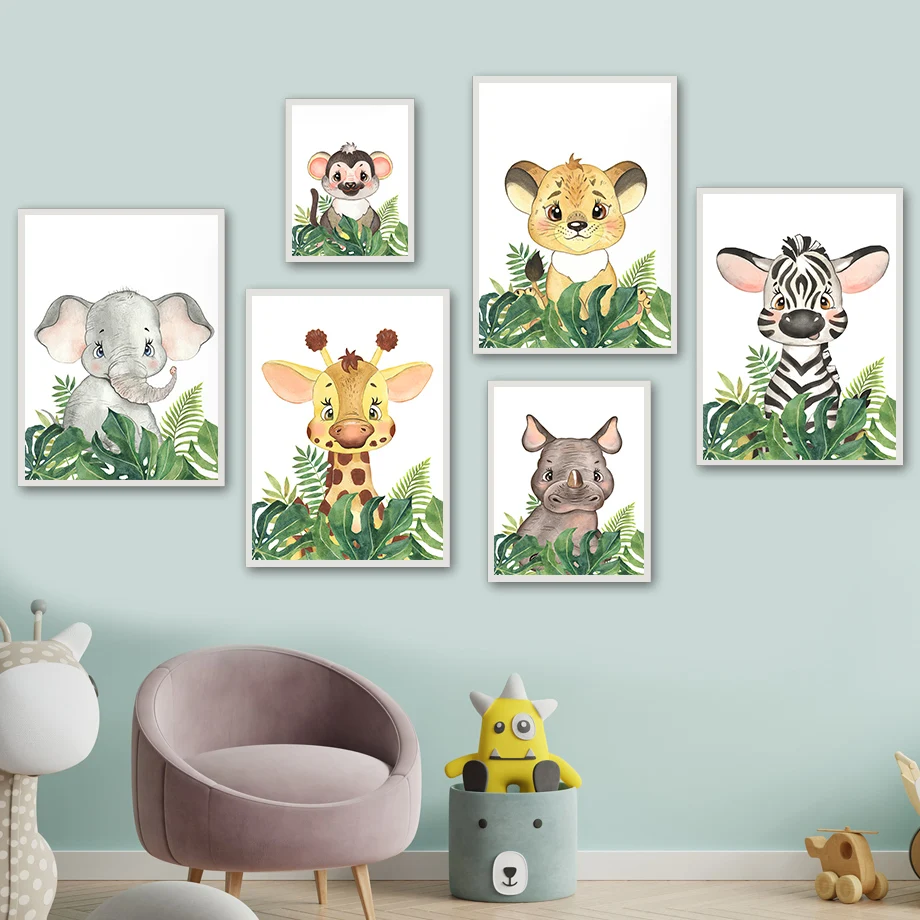 Настенная картина &quotЛев слон жираф зебра носорог монстера&quot