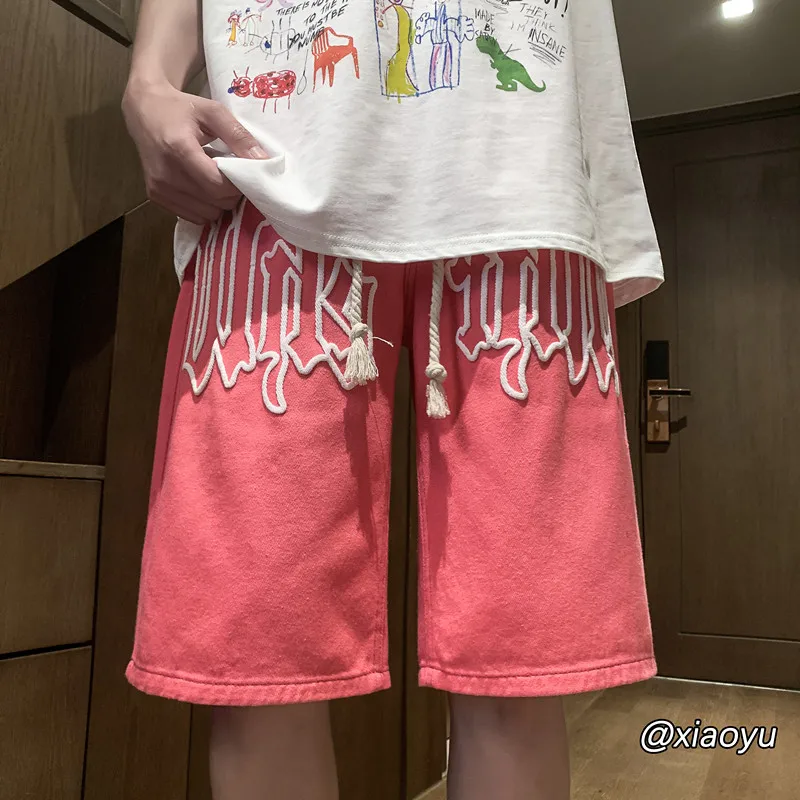

3D Letter Print Denim Shorts for Men Summer Korean Fashion Trends Streetwear Teenage Straight Leg Short Jeans Pants Pink Clothes