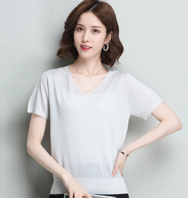 

Summer short-sleeved t-shirt thin loose V-neck short ice silk top GRAY22