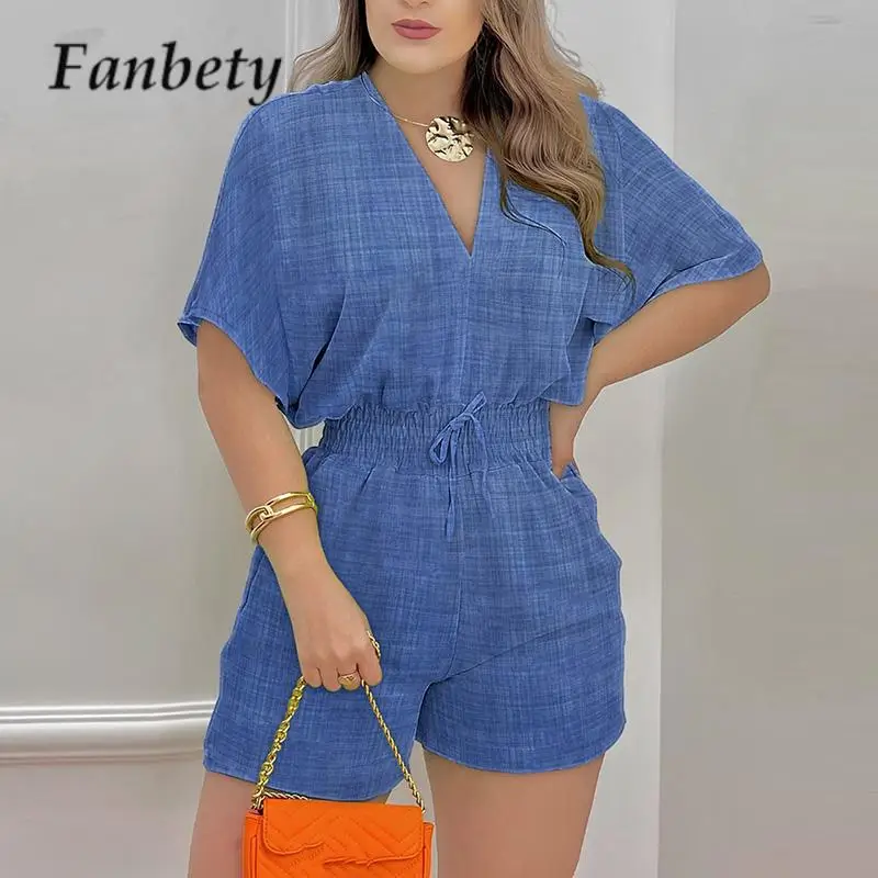 

Elegant Fashion Pattern Print Shorts Jumpsuit Summer V Neck Short Sleeve Waisted Coverall Women Drawstring Lace-up Casual Romper