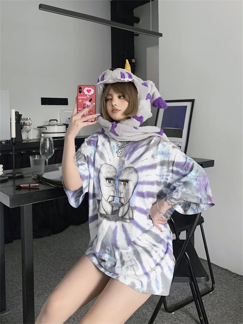 

Vintage rock band tie-dye graffiti Y2k oversized T-shirt retro short-sleeved American casual high street fashion T-shirt men
