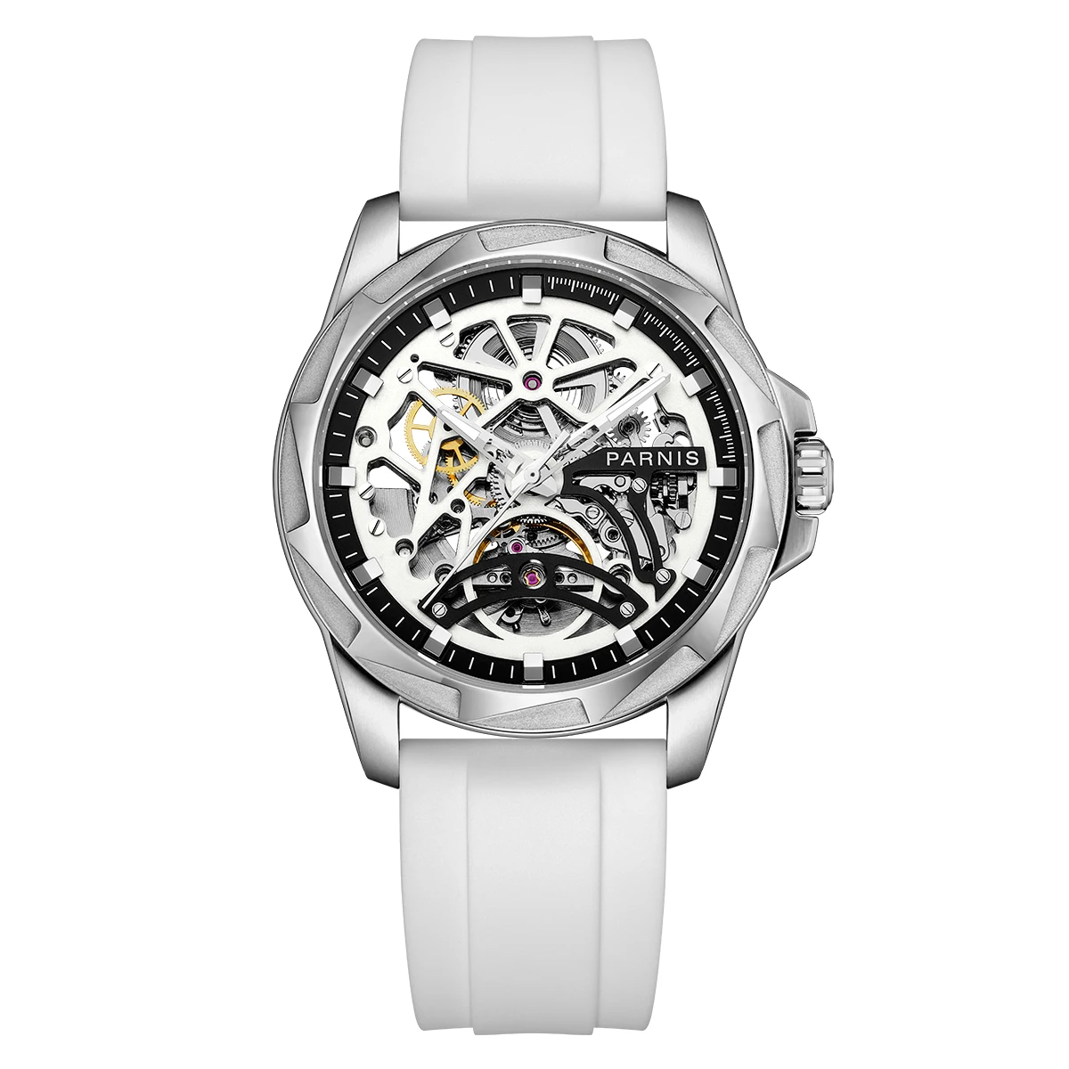 

New Arrival Parnis 43mm White Skeleton Dial Men's Watch Rubber Strap Automatic Mechanical Watches Top Luxury Brand 2022 Man Gift