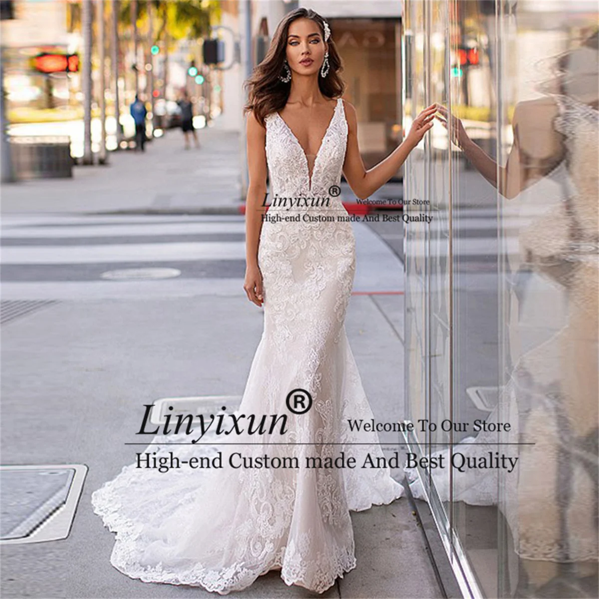 

Sexy Deep V Neck Mermaid Wedding Dress Applique Lace Backless Bridal Gown Backless Sleeveless Sweep Train Vestido De Noiva