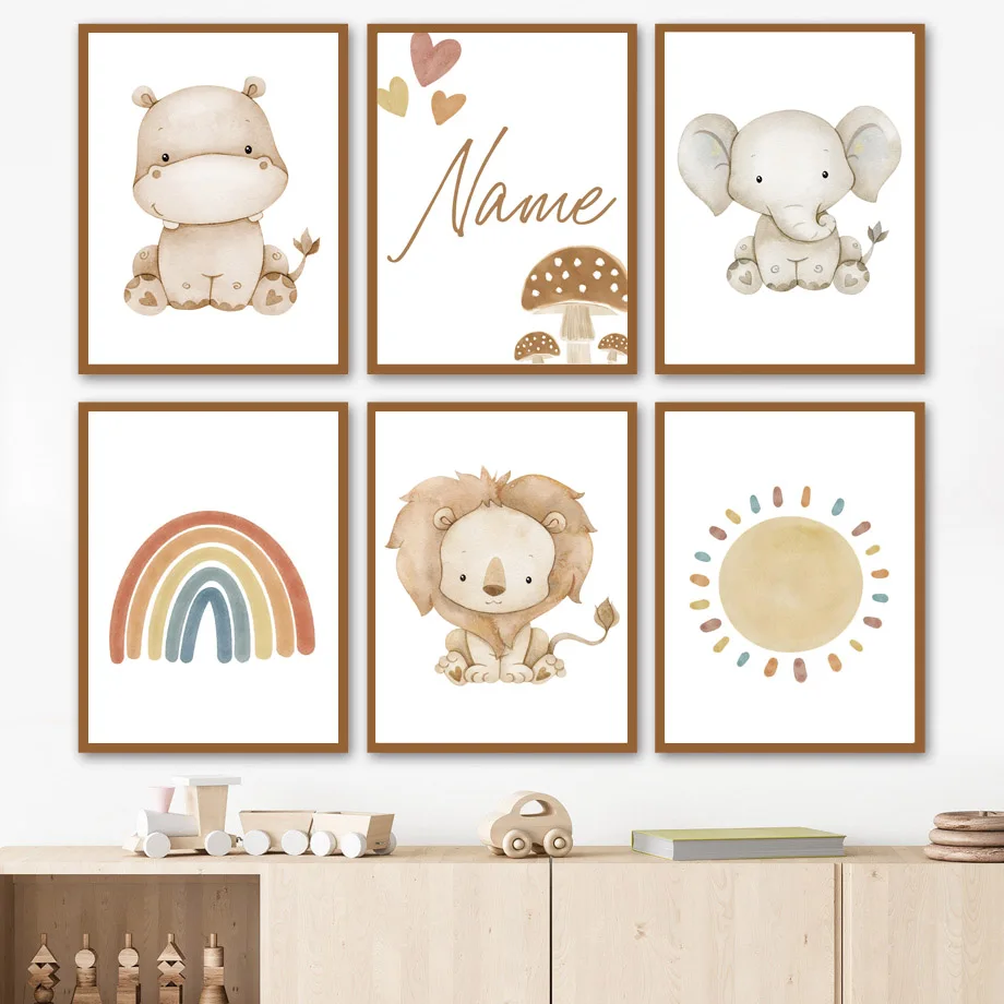 Бохо Жираф Лев Слон пользовательское имя детской стены художественный Принт