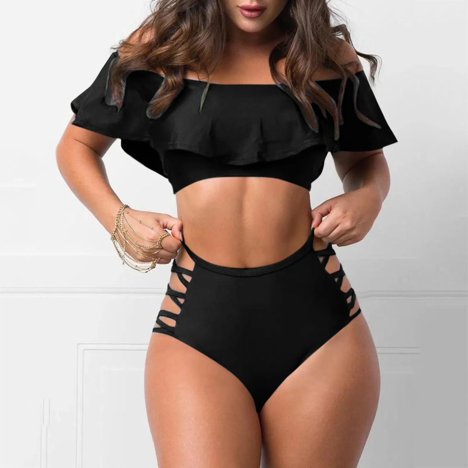 

New Sexy Ruffle Print Floral One Piece Swimsuit Off The Shoulder Swimwear Women Solid Deep-V Beachwear Bathing Suit Monkini 2022