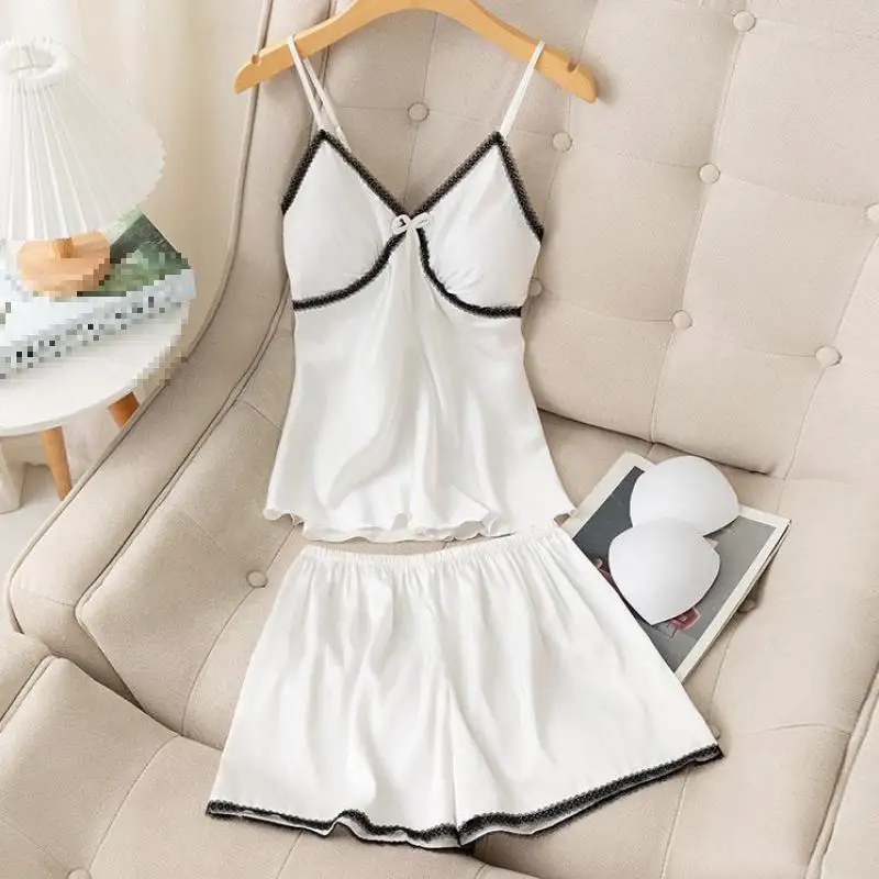 

Women Satin 2PCS Pajamas Set Sexy Sling&shorts Suit Summer V-Neck Pyjamas Home Clothes Nightwear Sleepwear Intimate Lingerie