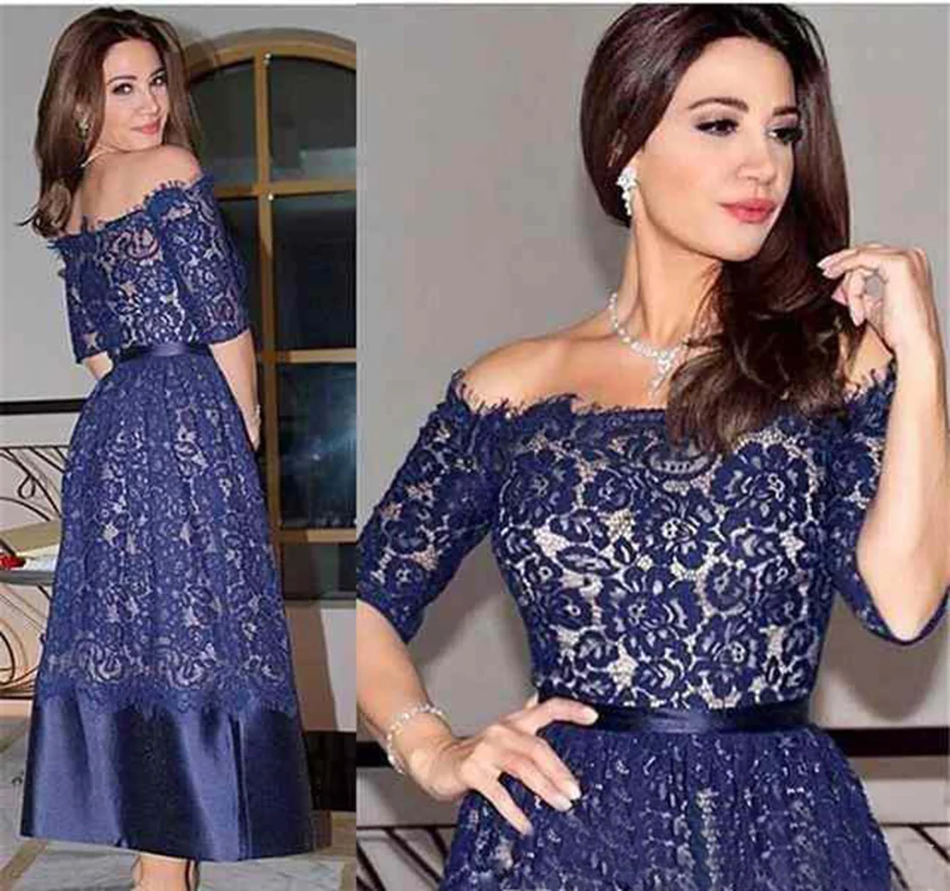 

New Custom High Quality Mother Of the Bride Dress A Line Off-Shoulder With Half Sleeve Lace Tea-Length Prom Party Gown