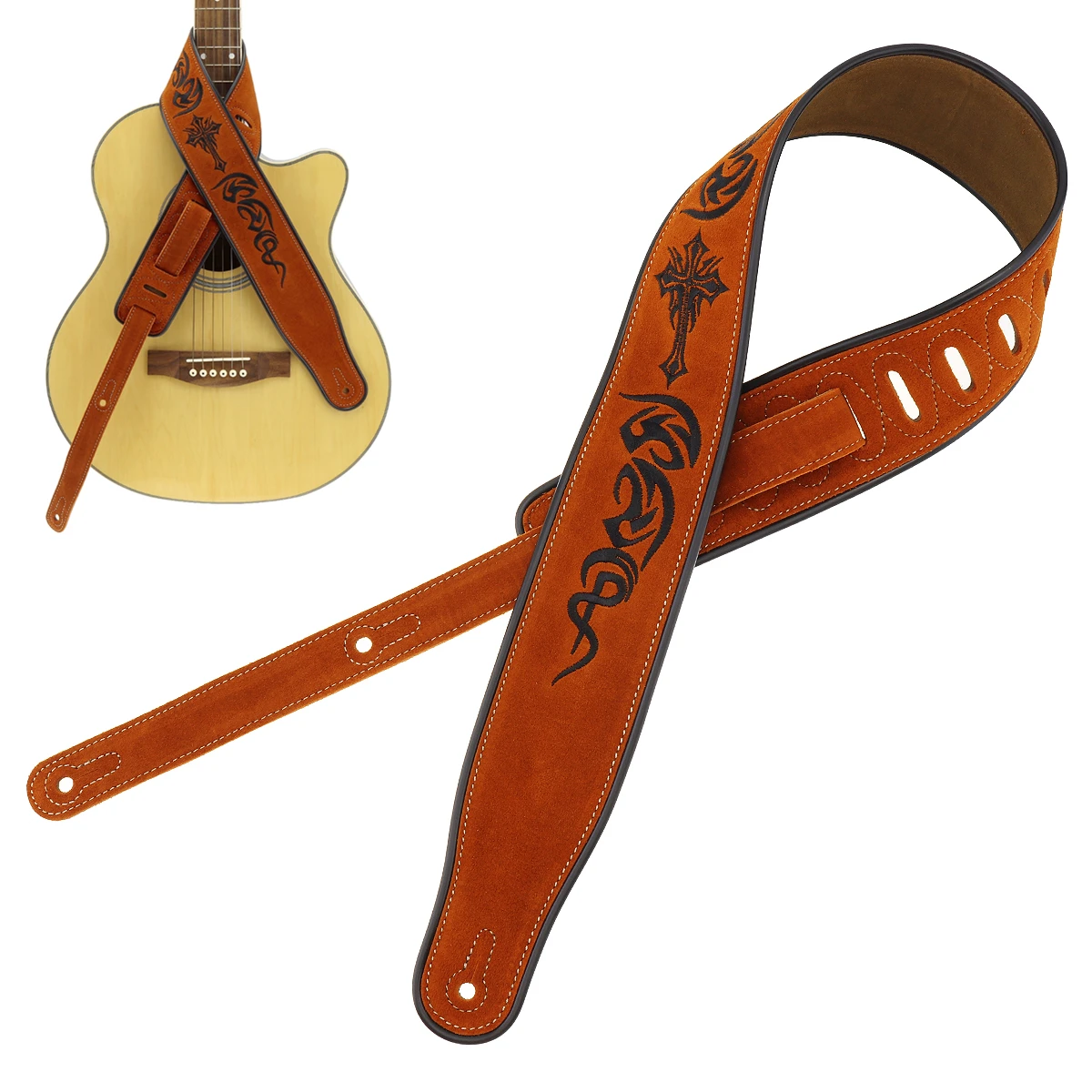 

Genuine Leather Guitar Strap Adjustable Cow Suede Pattern Embroidery 7cm Widen Acoustic Electric Guitar Bass Belt Accessories