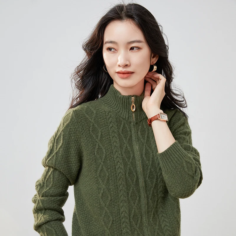 

New 100% Pure Cashmere Cardigan Women Sweater Beige Half High Collar Knitted 2022 Fall Winter Clothes Solid Casual Zipper Tops
