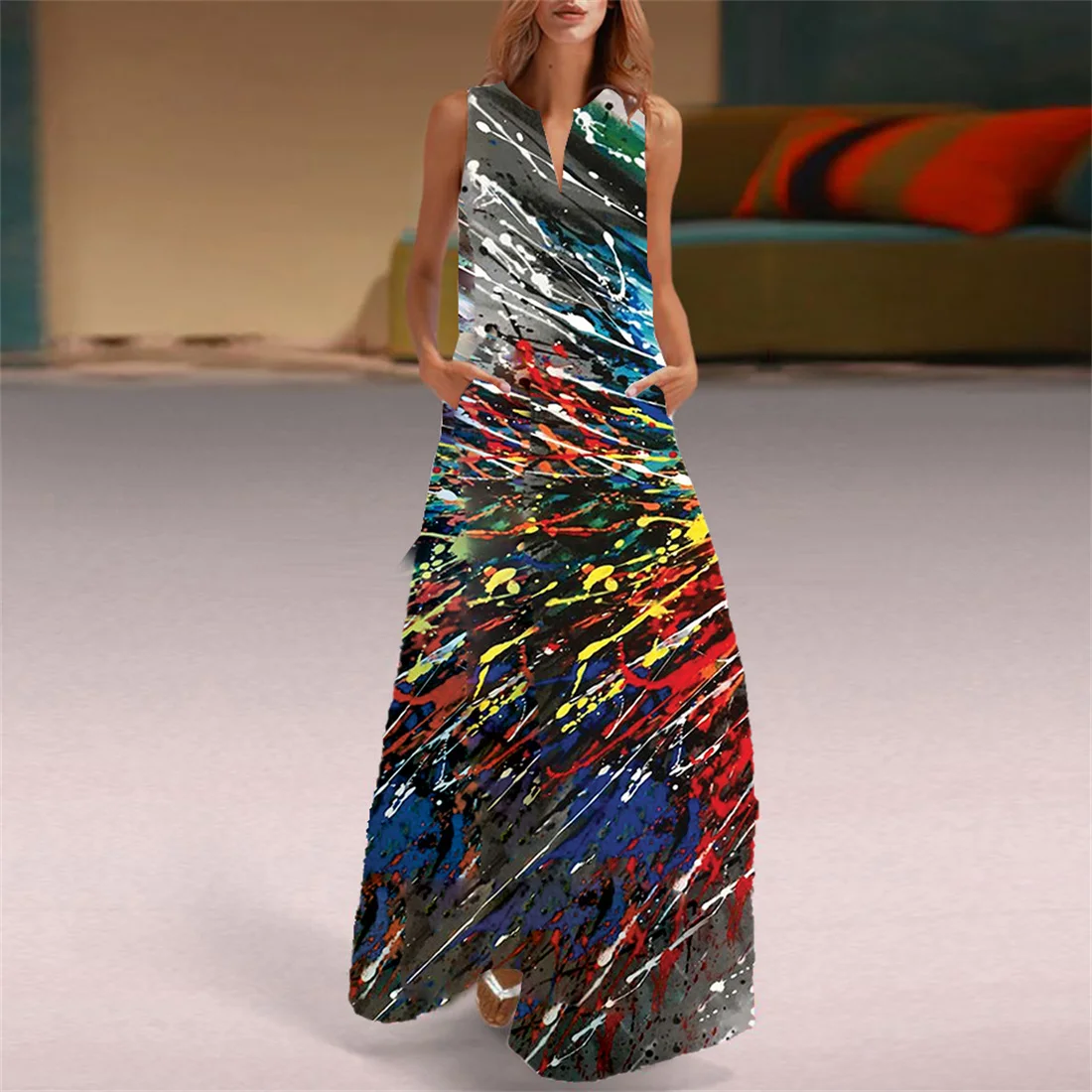 Сарафан с V-образным вырезом женское летнее Мини-Платье милым котом и цветами