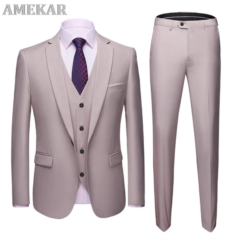 

Men's 3 Piece Slim Fit Solid Suit One Button Jacket Blazer Vest Pants Set With Tie For Man Business Dress Formal Tuxedo
